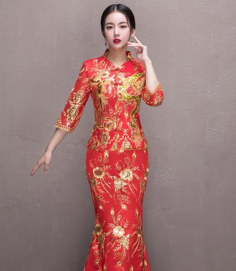 奢華花朵鳳凰刺繡中式禮服，唯美新娘魚尾禮服