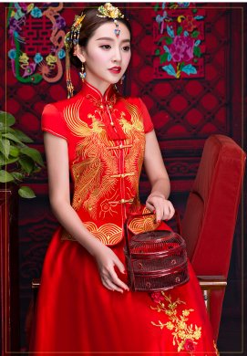 短袖對襟中式禮服，蕾絲裙新娘禮服