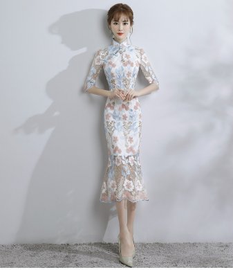 時(shí)尚氣質(zhì)淑女旗袍，改良蕾絲魚(yú)尾旗袍裙