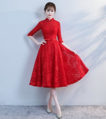復(fù)古立領(lǐng)中式禮服，蕾絲中袖晚禮服