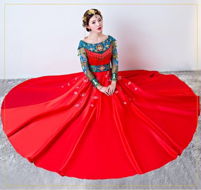 時尚一字肩中式禮服，復(fù)古家佳樂文學(xué)新娘禮服