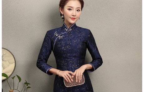 藍(lán)思印花中長款旗袍，端莊大氣旗袍裙