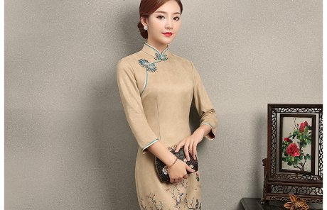 黃色印花相依旗袍，復(fù)古民族風(fēng)旗袍裙