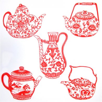 11款精美手工紅花瓷剪紙，茶壺剪紙工藝品