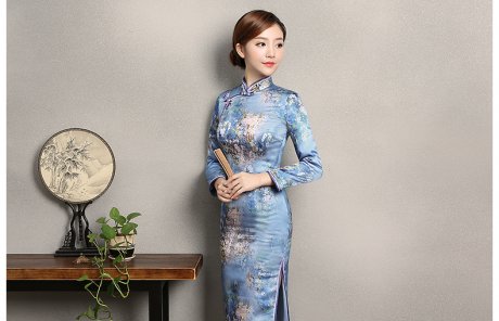 藍(lán)色印花開叉旗袍，時(shí)尚優(yōu)雅旗袍裙