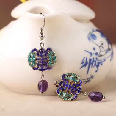 古典景泰藍耳環(huán)，紫水晶吊墜耳環(huán)首飾