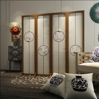 新中式隔斷折屏，玄關(guān)半透紗折疊雙面屏風(fēng)