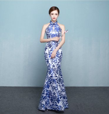 中式青花瓷旗袍禮服，時尚復古旗袍裙