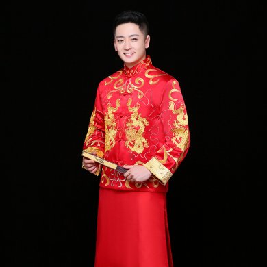 雙龍刺繡男士中式禮服，時(shí)尚家佳樂(lè)文學(xué)新郎禮服