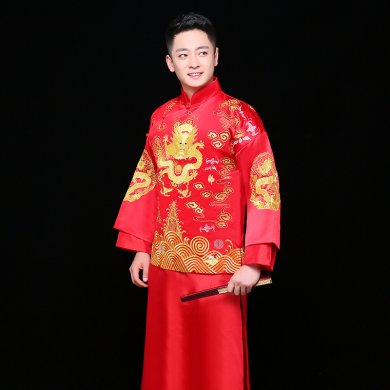 金龍刺繡男士中式禮服，時尚家佳樂文學(xué)新郎禮服