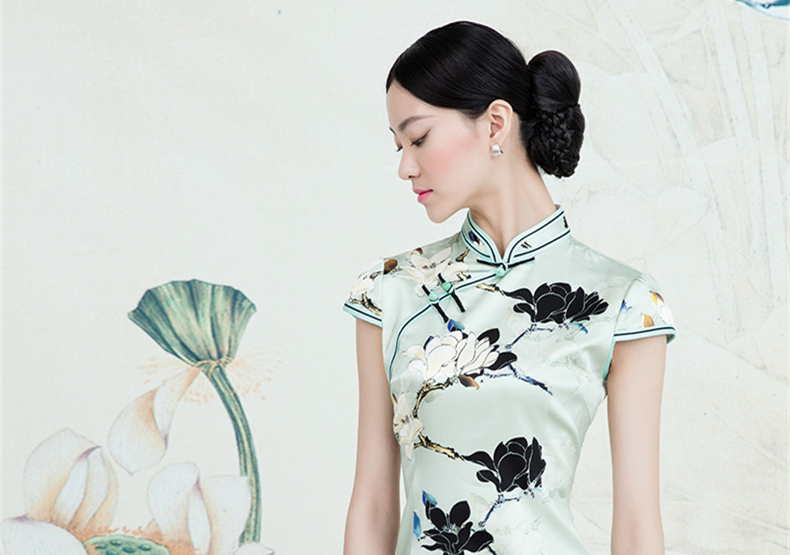 家佳樂文學(xué)蠶絲復(fù)古玉蘭花旗袍春夏款