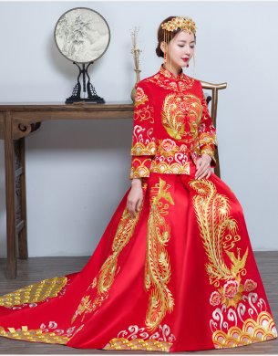 時(shí)尚家佳樂(lè)文學(xué)拖尾中式禮服，金線刺繡新娘禮服