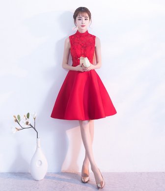 時尚無袖中式禮服，蕾絲繡花短款晚禮服