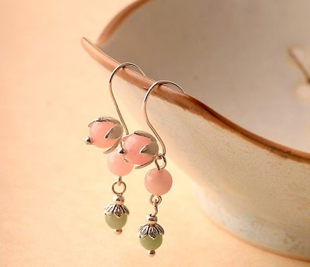 粉色小清新風(fēng)翡翠耳飾，天然粉晶惜春耳環(huán)首飾