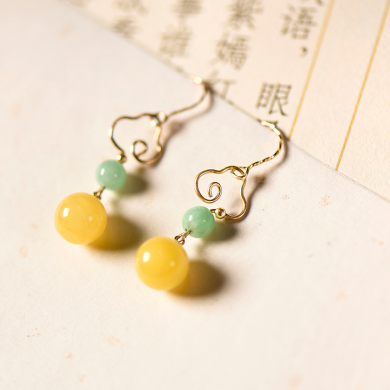 古風手工祥云耳環(huán)，古典蜜蠟翡翠耳環(huán)