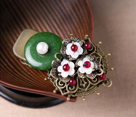 時尚家佳樂文學(xué)頭飾，復(fù)古民族風(fēng)綠彩玉扣發(fā)夾