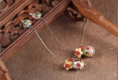 華麗景泰藍(lán)耳環(huán)，花朵圓珠純銀耳線首飾