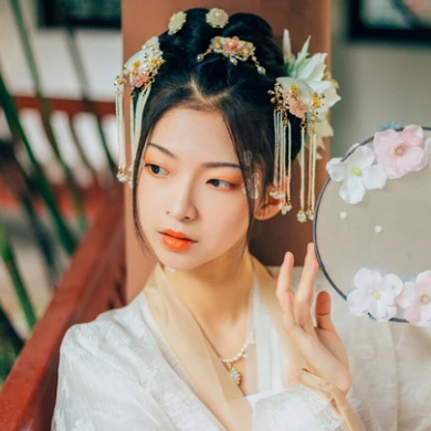 花神淚帶團扇女生頭像，唯美古風真人頭像