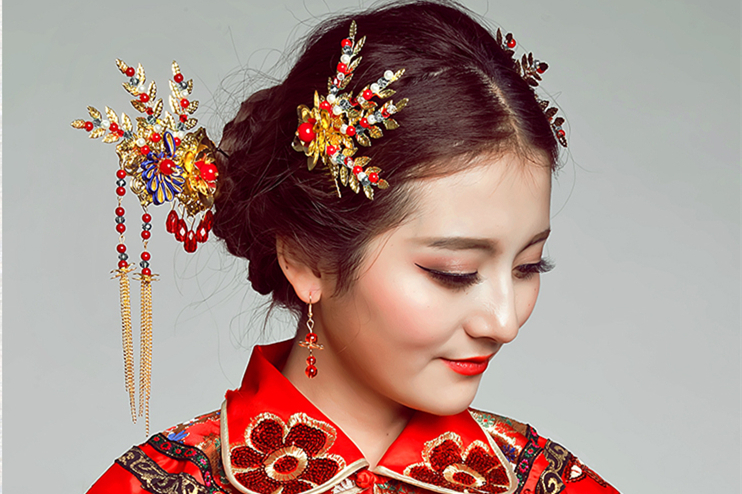 手工精美發(fā)飾紅雀，古代紅色中式發(fā)插