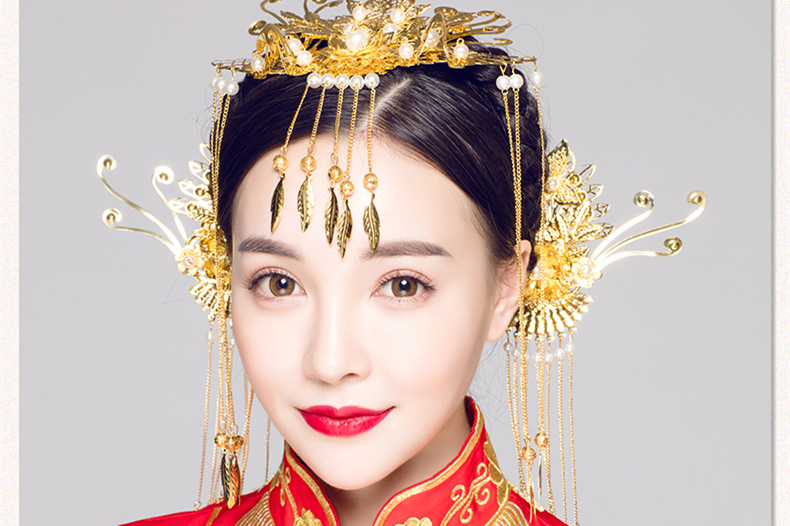 步搖古典造型新娘頭飾，金色花枝高貴發(fā)飾