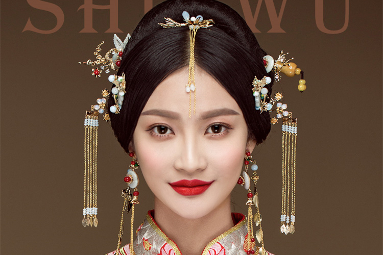 古玉串珠中式流蘇頭飾，新娘古裝發(fā)飾套裝