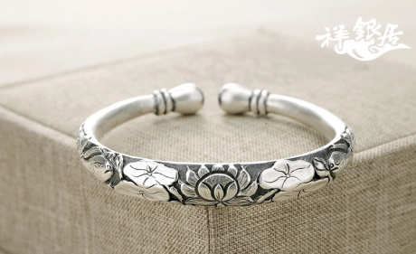 民族時尚復(fù)古風水滴頭魚蓮荷花銀手鐲
