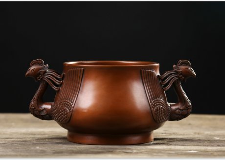 紫銅雙鳳耳香爐，仿古無蓋熏香爐