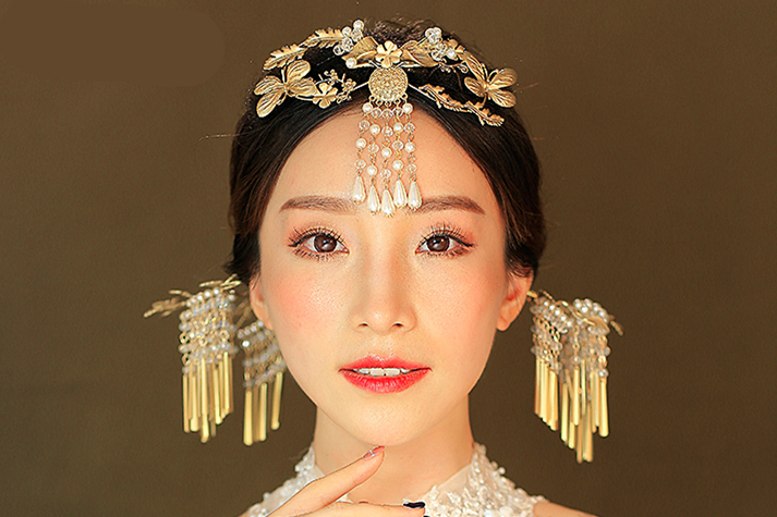 金色復(fù)古宮廷頭飾，古典蝴蝶流蘇額飾