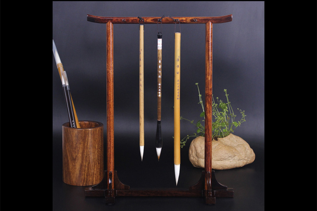 簡(jiǎn)約花梨木筆掛筆架，實(shí)木書法用品