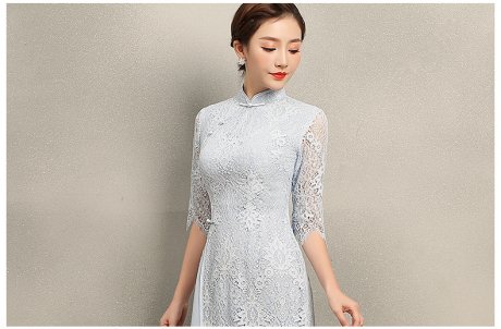 氣質(zhì)素藍(lán)色蕾絲旗袍，中袖中式旗袍裙