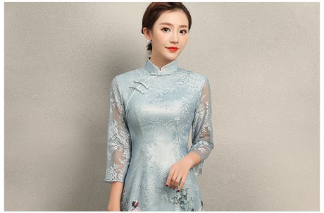 淡雅青鶴旗袍，改良奧黛風(fēng)長(zhǎng)款旗袍裙