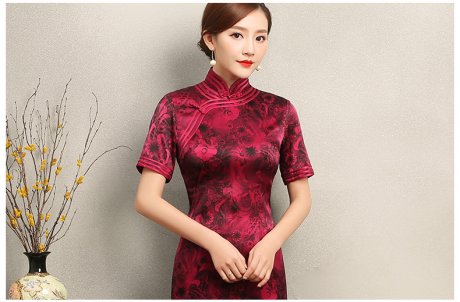 紅色短袖旗袍，復(fù)古包邊印花旗袍裙