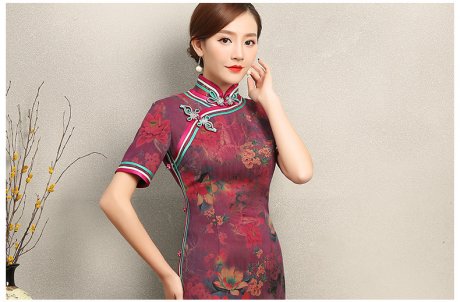 紫蘇韻味印花旗袍，民族風(fēng)包邊短袖旗袍裙