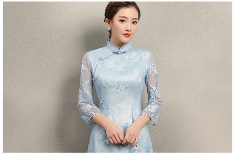 清雅藍蝶蕾絲旗袍，中袖唯美旗袍裙