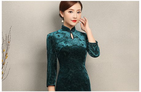 墨綠貴春旗袍，復(fù)古絲絨燒花旗袍裙