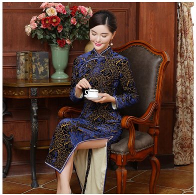 唯美絲絨燒花玫瑰圖案旗袍，情顏長袖旗袍裙