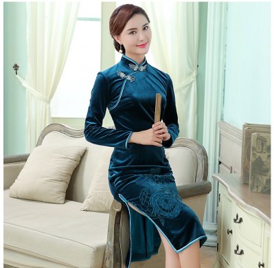 花嫣凹凸繡花旗袍，絲絨古典旗袍裙