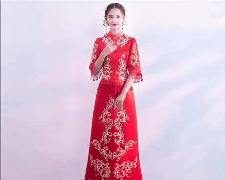 時(shí)尚修身新娘結(jié)婚禮服，龍鳳褂中式禮服