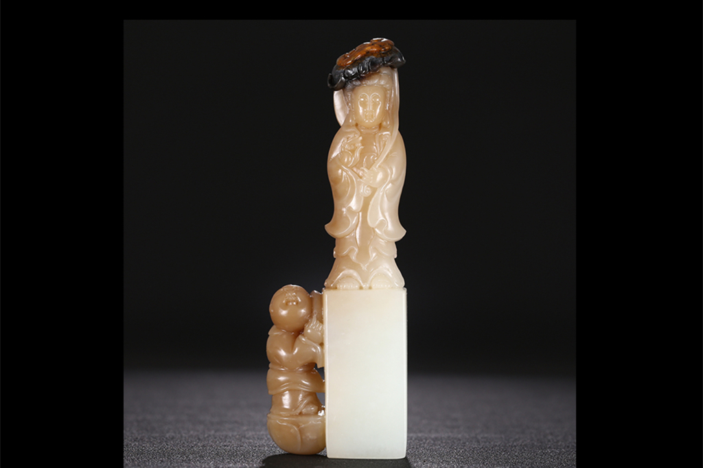童子拜觀音白玉印章，立體圓雕和田玉手把件