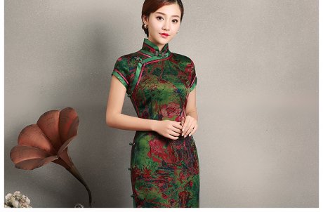 復(fù)古墨綠抽象色彩短袖旗袍，蠶絲時尚旗袍裙