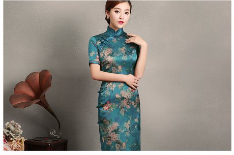 藍綠色玉梅短袖旗袍，蠶絲時尚旗袍裙