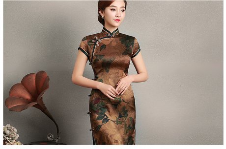 復(fù)古風(fēng)沉今短袖旗袍，蠶絲印花旗袍裙