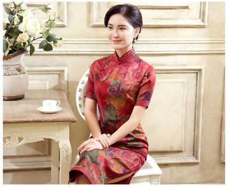 紅色花色短袖旗袍，蠶絲印花旗袍裙