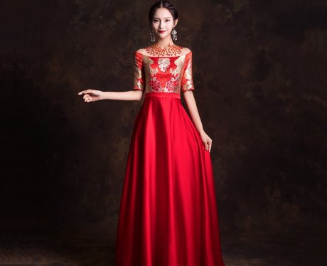 一字肩新娘結(jié)婚禮服，唯美流蘇中式禮服